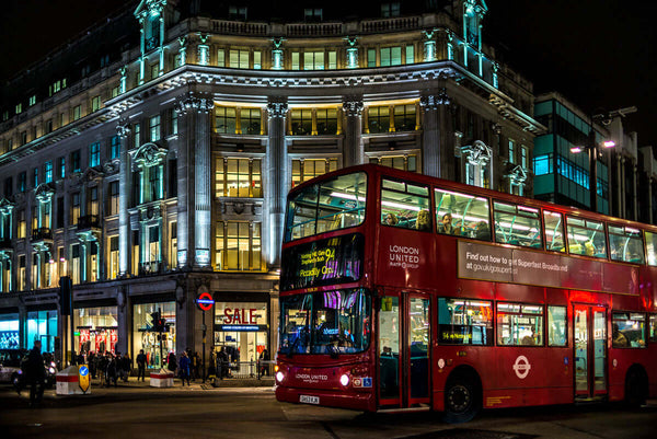London city bus at Piccadilly Circus at night