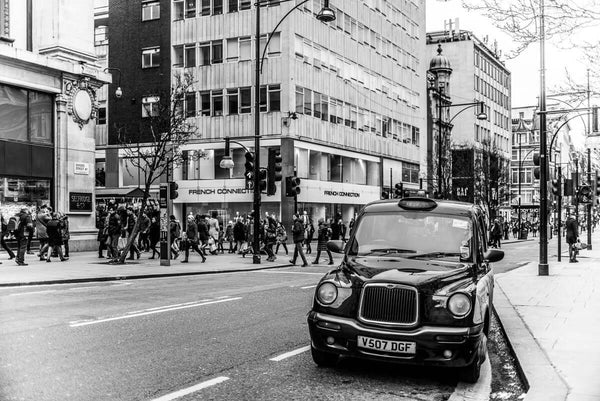 London city Taxi Black and White Oxford street